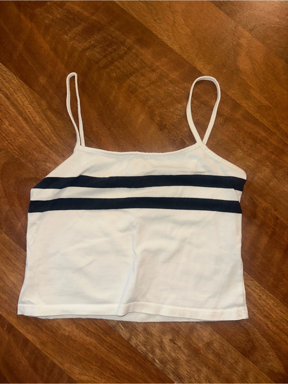 Women’s White Brandy Melville John Galt Cropped Tank Top with Navy Stripes